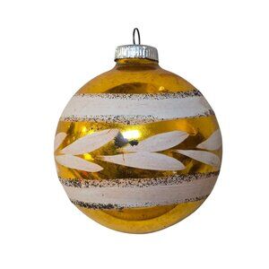 Vintage Glass Christmas Tree Ornament West Germany Yellow Gold White ball